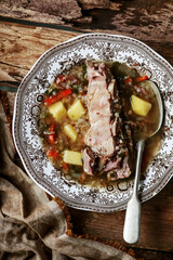 Buckwheat soup with beef ribs.style rustic