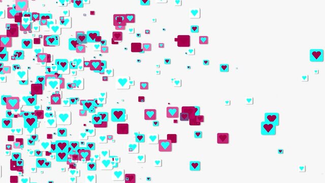 Hearts in a square flying randomly. Social media likes. Like in tiktok. Ukraine, Dnipro, April 19, 2021