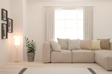 Soft color living room with sofa. Scandinavian interior design. 3D illustration