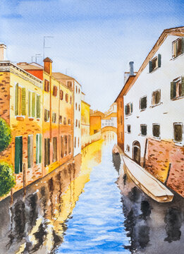Watercolor illustration of a small canal in Venice, Italy