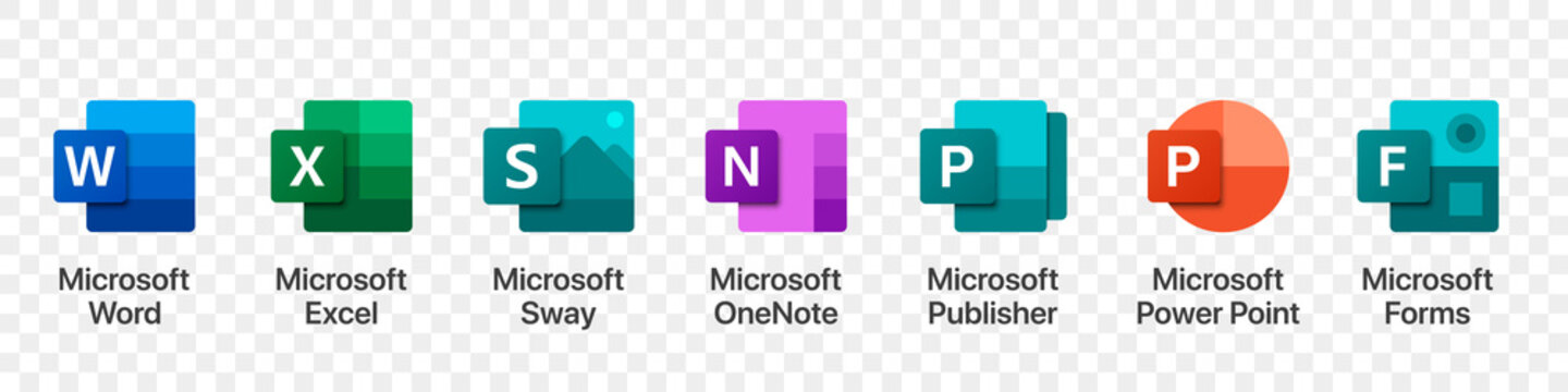 Set of Microsoft Office products logos on a transparent background