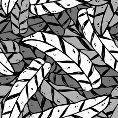 black and white strappy spotted calathea plant leaves seamless pattern, endless repeatable layered foliage texture