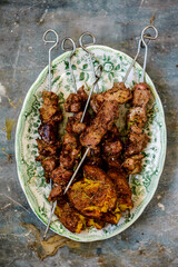 Pork kebab with rosemary sauce..selective focus