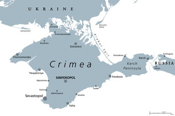 Crimea gray political map. Peninsula in Eastern Europe on northern coast of the Black Sea with disputed status. Controlled and governed by Russia, internationally recognized as part of Ukraine. Vector