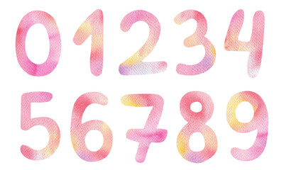 Watercolor pink gradient numbers set isolated on white background