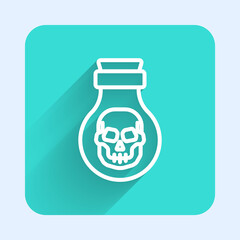 White line Poison in bottle icon isolated with long shadow. Bottle of poison or poisonous chemical toxin. Green square button. Vector