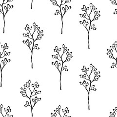 black and white outlined sketchy berry branches seamless pattern, endless repeatable texture