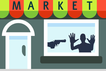 robbery in the market with silhouette of hand with gun and man with raised hands in the window,concept vector illustration
