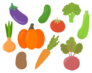 Set cartoon vegetables vector illustration isolated on white background. Beetroot, potato, cucumber, tomato, eggplant, zucchini,  carrot,  broccoli, pumpkin, onion. Flat cartoon vector illustration.