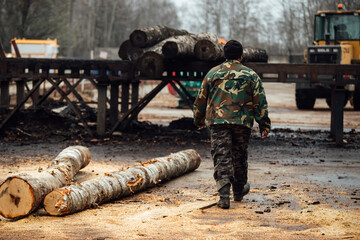 a worker in overalls stands with his back to the wood warehouse. a lot of logs harvested for woodworking at the factory. the man at the factory in rob