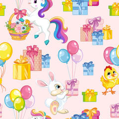 Seamless vector pattern animals happy birthday pink