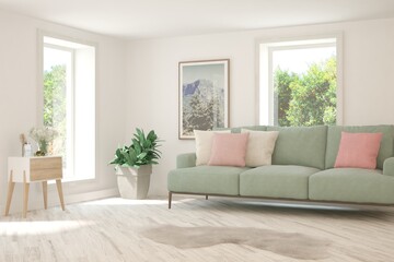 White living room with sofa and summer landscape in window. Scandinavian interior design. 3D illustration