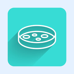 White line Petri dish with bacteria icon isolated with long shadow. Green square button. Vector