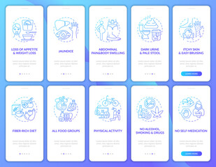 Liver problems treatment onboarding mobile app page screen with concepts set. Signs prevention walkthrough 5 steps graphic instructions. UI, UX, GUI vector template with linear color illustrations