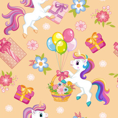 Seamless vector pattern unicorns happy birthday beige