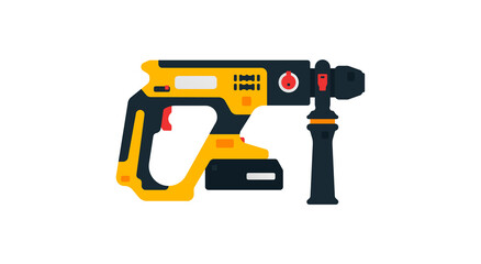 Electric rotary hammer drill side view. Power tools for home, construction and finishing work. Professional worker tool. Vector illustration isolated on white background.