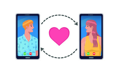 Young man dan woman couple portraits avatar on smartphone screen with love symbol flat vector illustration.