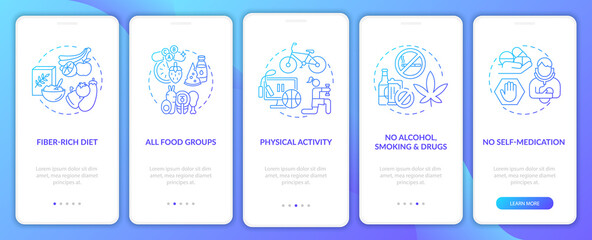 Fototapeta premium Liver health necessities onboarding mobile app page screen with concepts. No alcohol, smoking walkthrough 5 steps graphic instructions. UI, UX, GUI vector template with linear color illustrations