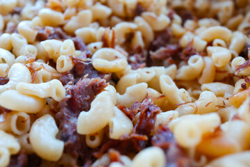 Navy macaroni with beef stew traditional soviet russian pasta dish