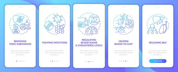Liver responsibilities onboarding mobile app page screen with concepts. Releasing bile, detox walkthrough 5 steps graphic instructions. UI, UX, GUI vector template with linear color illustrations