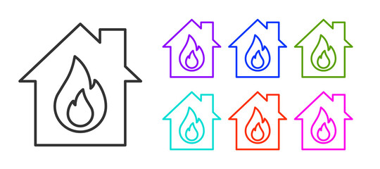 Black line Fire in burning house icon isolated on white background. Set icons colorful. Vector