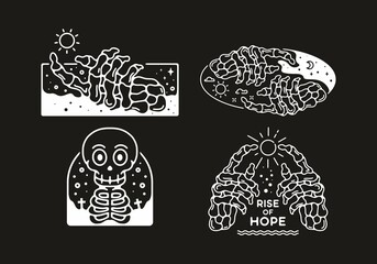 White with black background of skeleton tattoo set