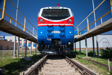 New diesel locomotive outdoor.Nur-sultan locomotive-building plant. Kazakhstan.