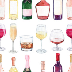 watercolor alcohol bottles and glasses seamless pattern on white.