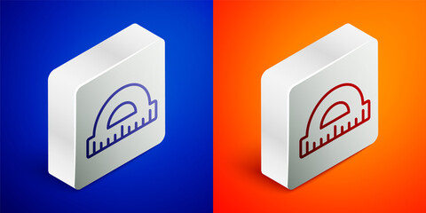 Isometric line Protractor grid for measuring degrees icon isolated on blue and orange background. Tilt angle meter. Measuring tool. Geometric symbol. Silver square button. Vector