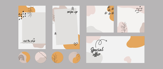 Instagram, Facebook social media blog story post feed ad template and highlights. abstract minimal organic floral spring shapes vector background layouts. for beauty, cosmetics, fashion, spa, food