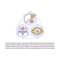 Cirrhosis result concept line icons with text. PPT page vector template with copy space. Brochure, magazine, newsletter design element. Swollen belly, eyes yellowing linear illustrations on white