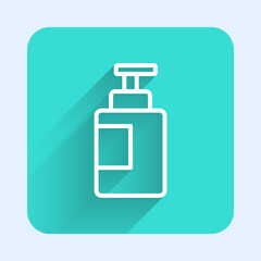 White line Hand sanitizer bottle icon isolated with long shadow. Disinfection concept. Washing gel. Alcohol bottle for hygiene. Green square button. Vector