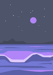 modern minimalist night seascape with ocean sea waves  and moon in purple colors, vector illustration, graphic print