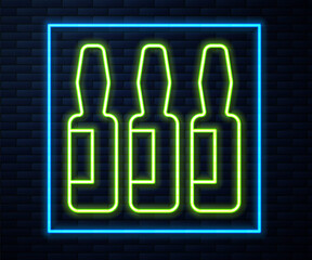 Glowing neon line Medical vial, ampoule, bottle icon isolated on brick wall background. Vaccination, injection, vaccine healthcare concept. Vector