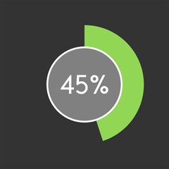 45 percent, circle percentage diagram on black background vector illustration.