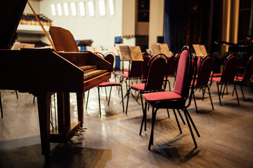 view of the empty concert hall from the stage. on the stage there are chairs and instruments for the musicians. preparation of the philharmonic for the performance of the famous orchestra © evgavrilov