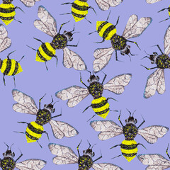 insects bees with wings and a striped yellow-black belly, a fluffy wasp with paws that gives honey and pollinates plants, buzzes when flying without seams in a chaotic manner