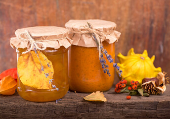 Vegan food. Delicious homemade caviar from vegetables - zucchini, carrots, onions, tomatoes and pumpkin jam