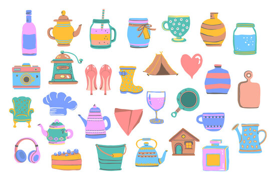 set of cute cartoon vintage kitchen, garden and home decoration items , objects,retro teapots, water cans, bucket, vases cups anf bottles, isolated vector illustration graphic