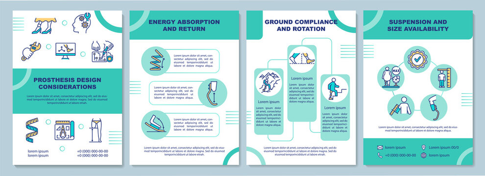 Prosthesis design considerations brochure template. Energy usage. Flyer, booklet, leaflet print, cover design with linear icons. Vector layouts for presentation, annual reports, advertisement pages