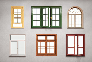 Set of windows in different colors and shapes on a white wall, 3d illustration