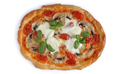 vegetarian pizza with mushrooms, tomatoes, mozzarella and basil on a white background . Top view