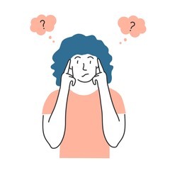 Tense girl holds her fingers at the temples. Flat vector illustration.