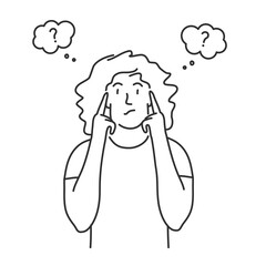 Young woman holds her fingers at the temples, looks and thinks.