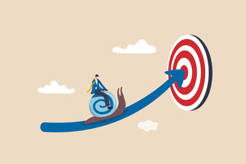 Slow business progress, laziness or procrastination, unproductive or efficiency concept, tried businessman riding snail slow walking on arrow to reach target.