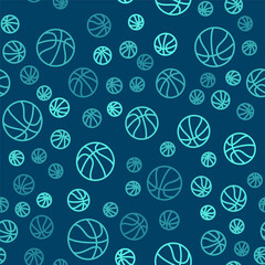 Green line Basketball ball icon isolated seamless pattern on blue background. Sport symbol. Vector
