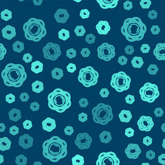 Green line Atom icon isolated seamless pattern on blue background. Symbol of science, education, nuclear physics, scientific research. Vector