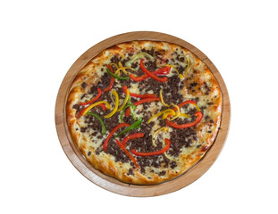 pizza with meat mince, multicolored Bulgarian peppers and cheese on a wooden dish, on a white background, shot from above