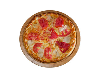 pizza with tomatoes and cheese on a wooden dish, on a white background, shot from above