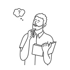 Young bearded man with a book, holding his chin. Hand drawn vector illustration.
